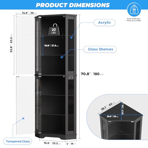 71인치 높이의 코너 진열장(LED 조명 및 유리 선반 - Glass Cabinet Display 리뷰 및 가격